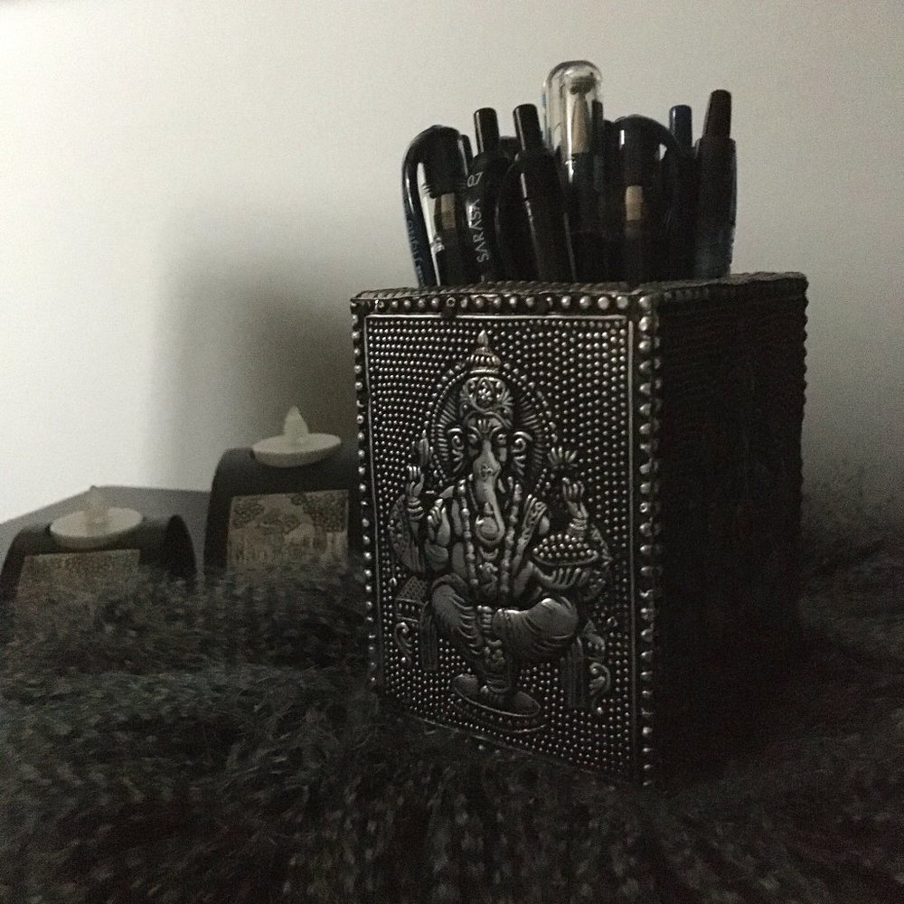 Vintage 90s Stamped Metal Lord Ganesha Pencil Holder